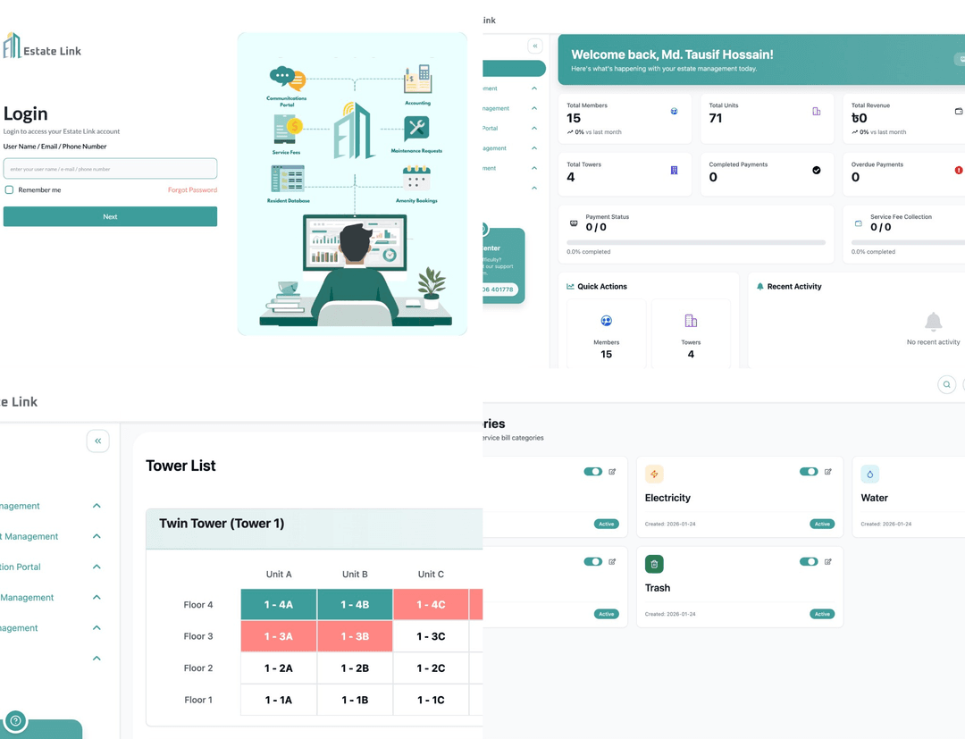The estate management platform, showing visitor records, resident services and operational communication in one workspace