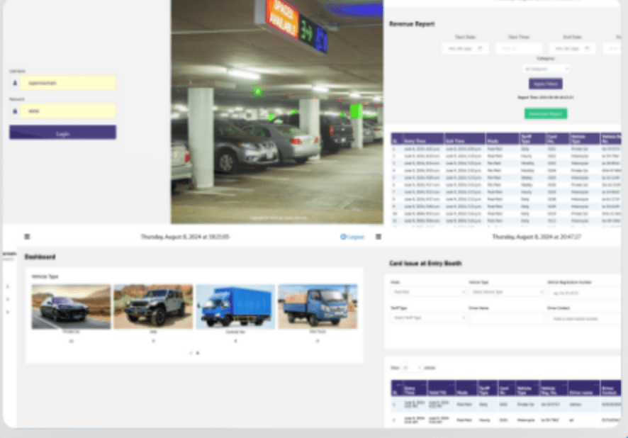 The smart parking system, showing live bay occupancy against access and monitoring controls